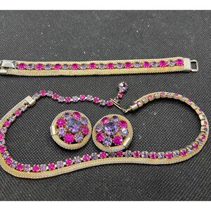 Weiss Rhinestone Mesh Necklace Bracelet Clip Earrings Parure Set